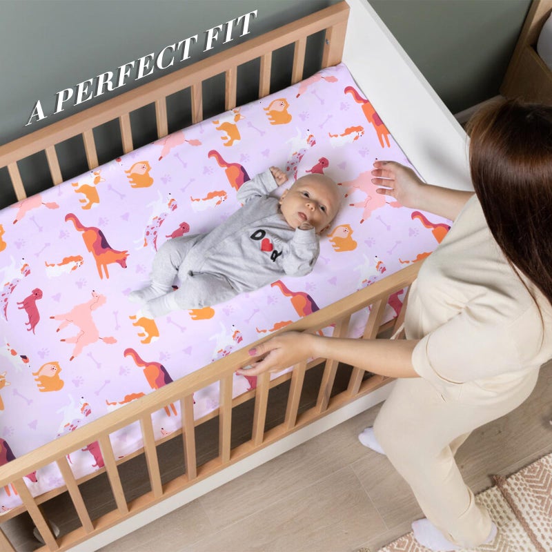 UOMNY Crib Sheet 52x28 Baby Sheet for Girls Breathable Dog Fitted Crib Sheet for Standard Crib and Toddler Mattress Soft Toddler Sheet Purple - Image 3